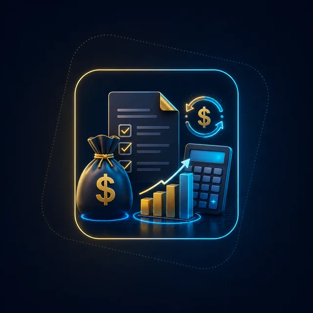 Tax credits and payroll savings with money bag and calculator